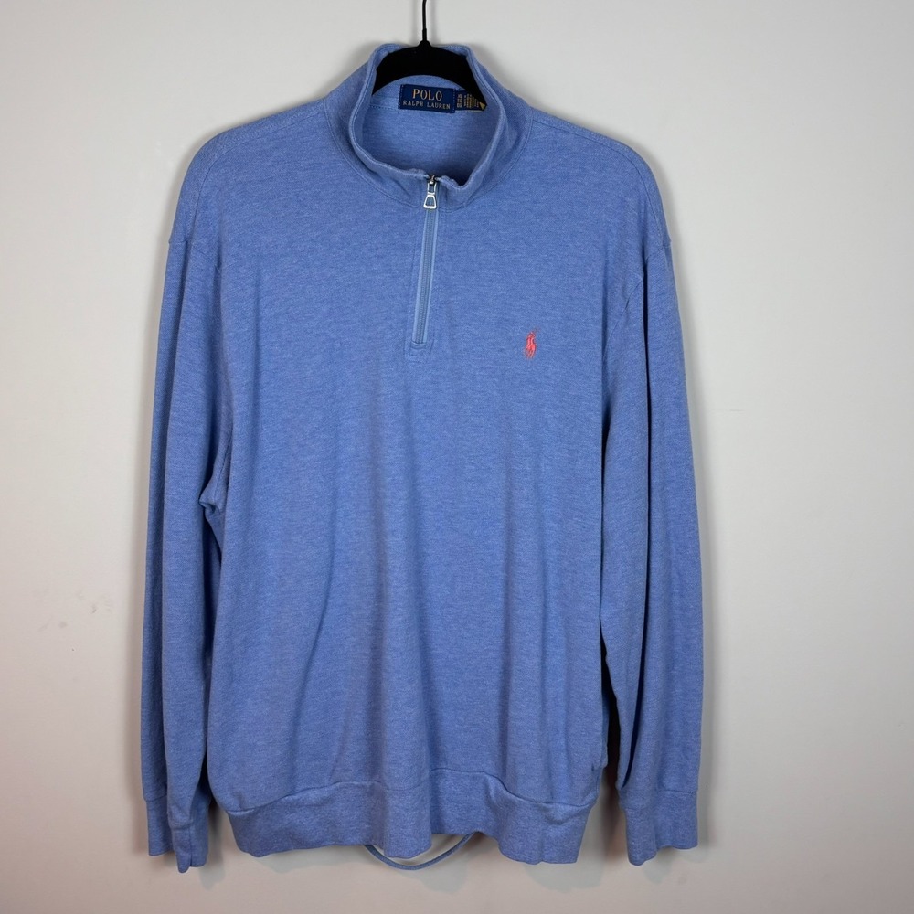 Polo Ralph Lauren Mens Long Sleeve 1/4 Zip Baby‎ Blue Knit Top XL Cotton Pockets